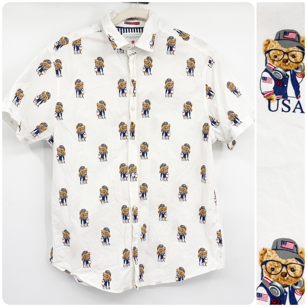 Denim & Flower Mens USA Bear Print Americana Preppy Button Down Shirt L
